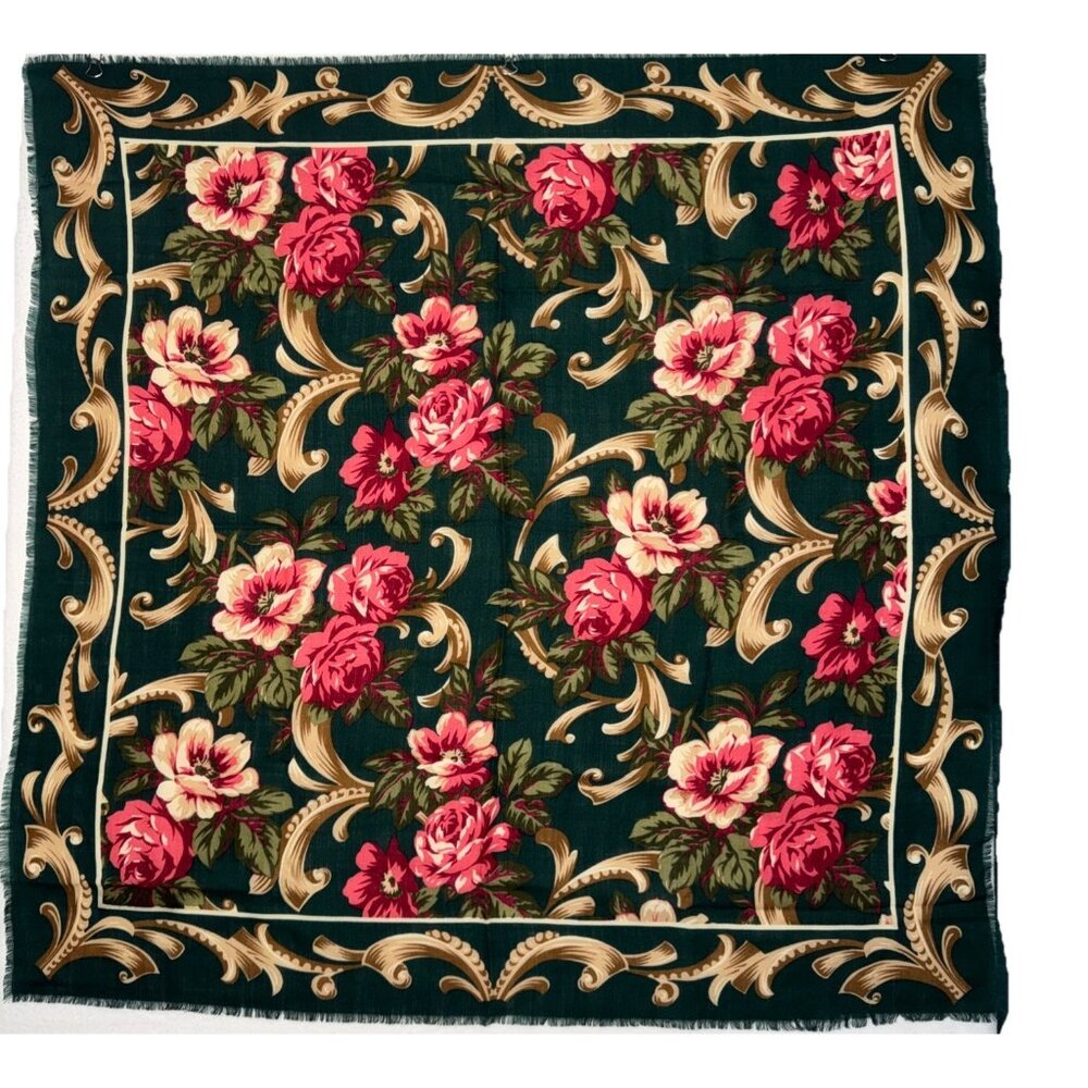 Vintage Axcess Dark Green Soft 100% Wool Scarf Floral Oversized Signed Square